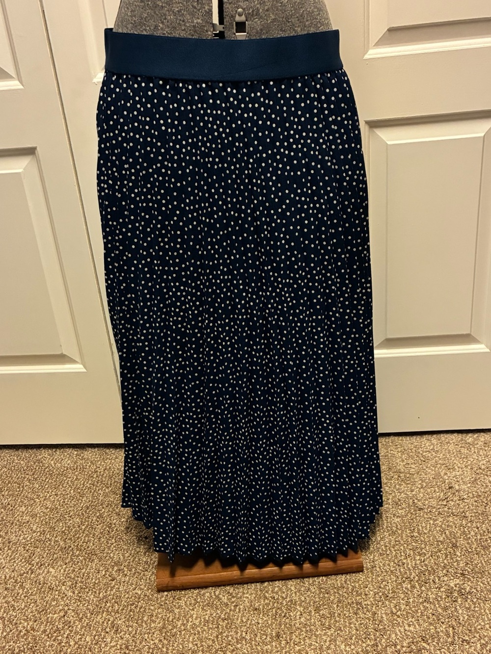 Navy Polka Dot Pleated Midi Skirt